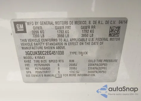 2014 Chevrolet Silverado 1500 1Lz from USA, damaged, VIN 3GCUKSEC2EG451038